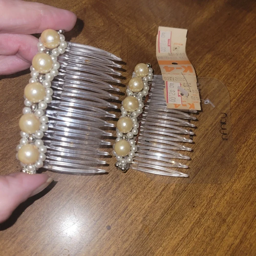 Vintage Faux Pearl Hair Comb Set Clear Plastic Bridal‎ Wedding Hair...